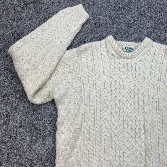 Carraig Donn Irish Wool Cable Knit Fisherman Sweater Pullover Mens Cream Large